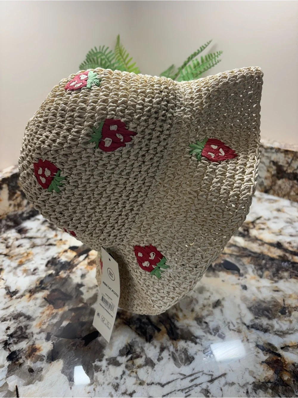 🍓 Straw Knit Bucket Hat with Red Strawberry Embroidery 🍓